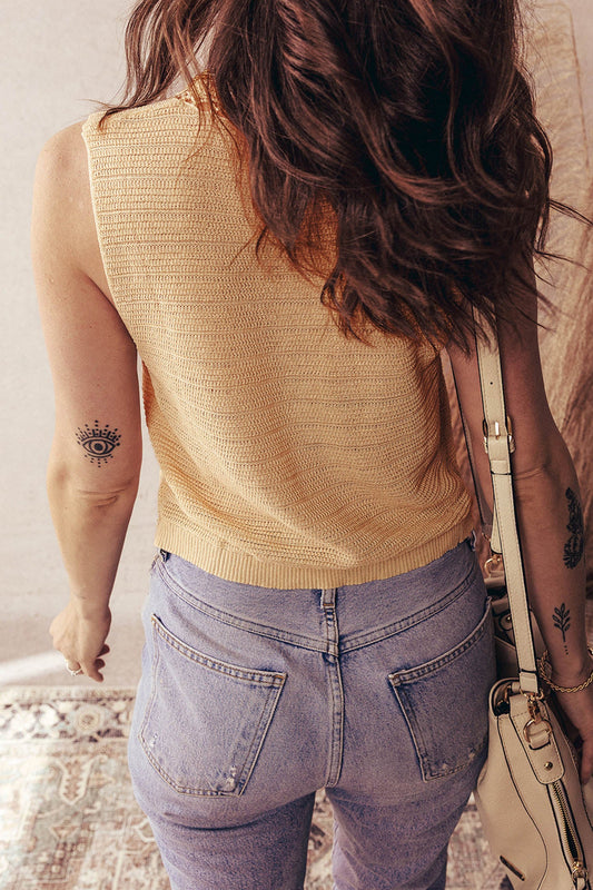 Boho Solid Eyelet Trim Buttoned Sweater Vest