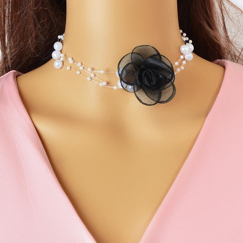 Romantic Jewellery Multi-layer Pearl Chain White Flower Choker Floral
