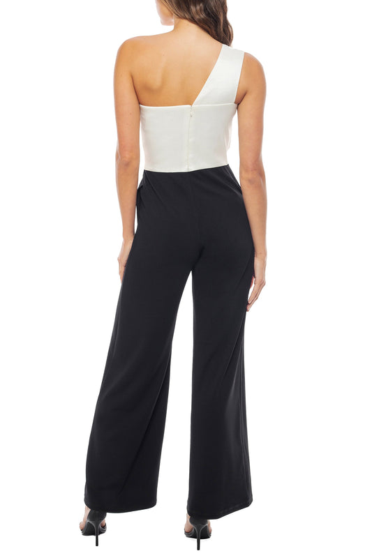 Marina One Shoulder Sleeveless Crepe Wide Leg Pant Taffecta Jumpsuit