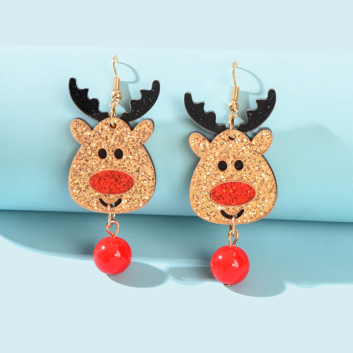 Shining Red Bead Gold Dangle Christmas Reindeer Earrings Elk Deer