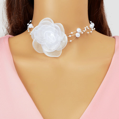 Romantic Jewellery Multi-layer Pearl Chain White Flower Choker Floral