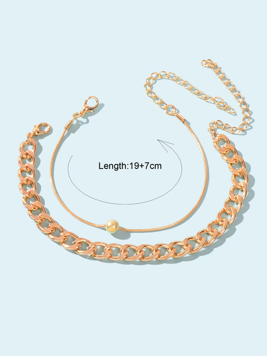 2 pcs Gold Cuban Link Layered Anklets Women Boho Beach Foot Jewellery