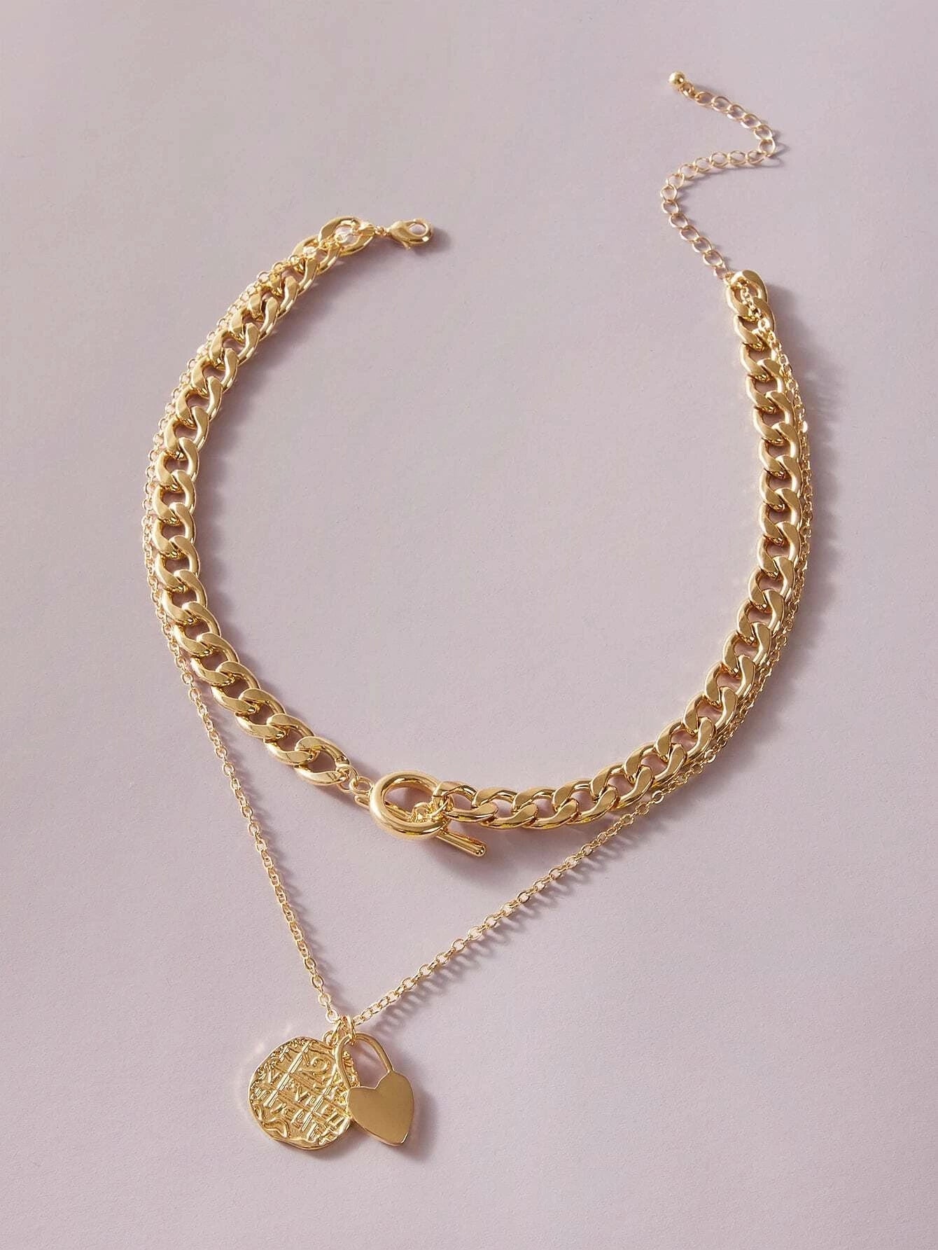 Punk Jewellery Crude Gold Double layer Chain Round Disc Lock Love