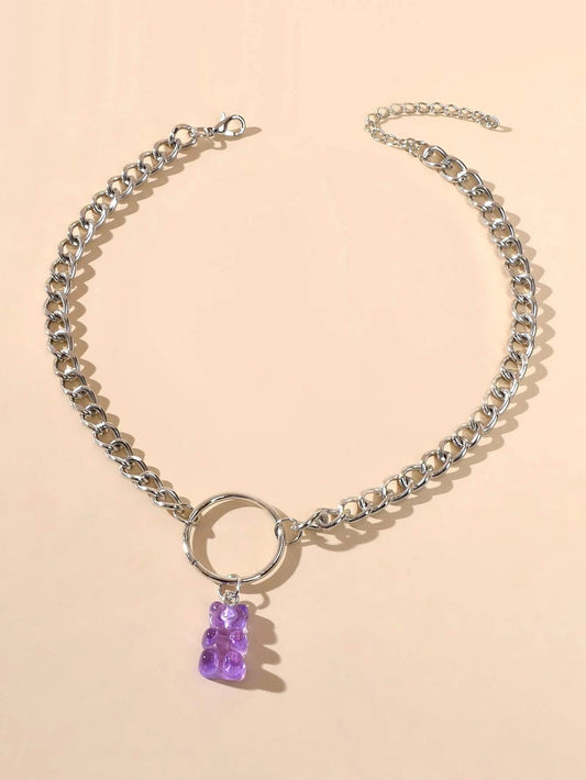 Lovely Jewellery Silver Chain Circle Purple Bear Pendant Necklace