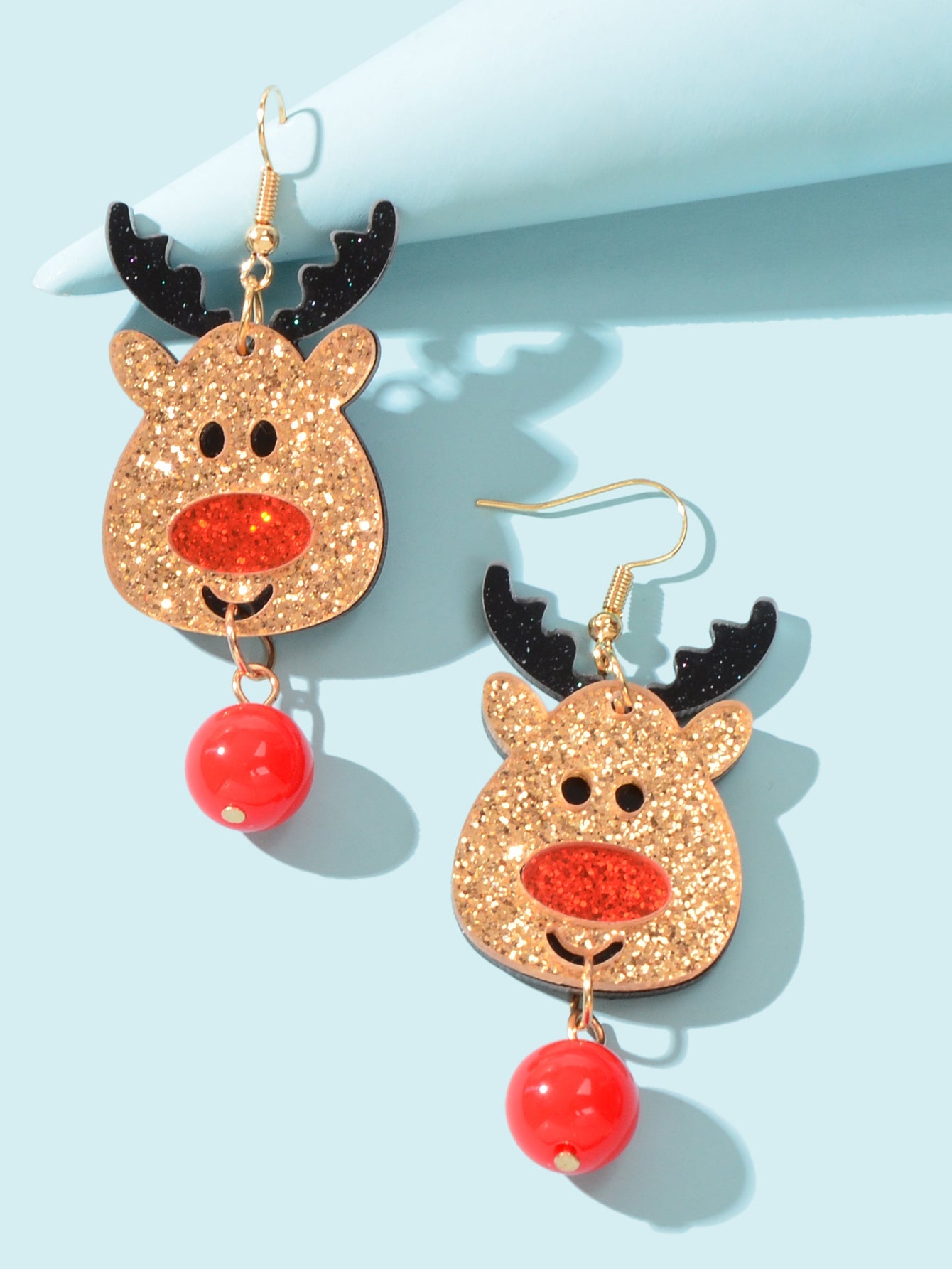 Shining Red Bead Gold Dangle Christmas Reindeer Earrings Elk Deer