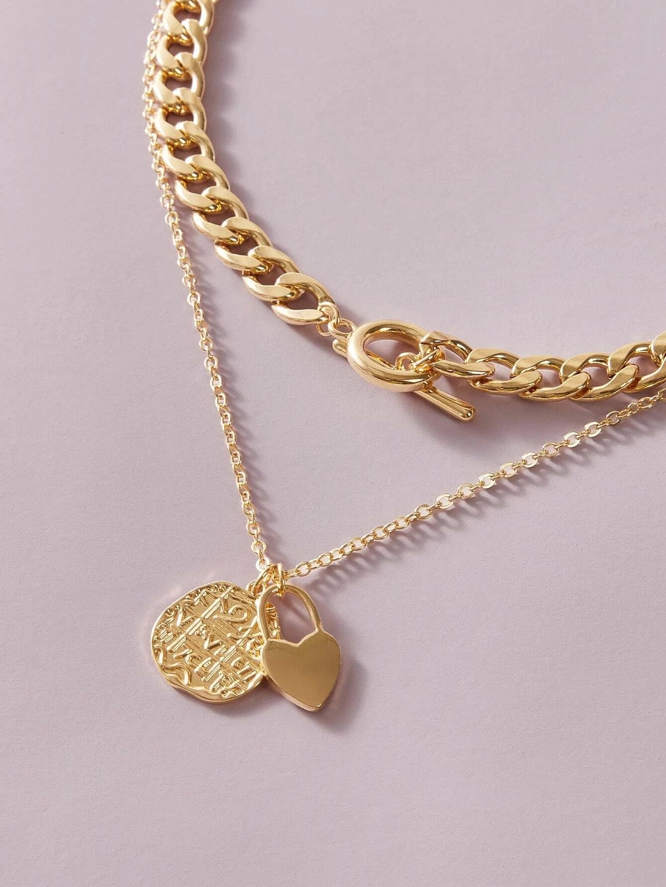 Punk Jewellery Crude Gold Double layer Chain Round Disc Lock Love