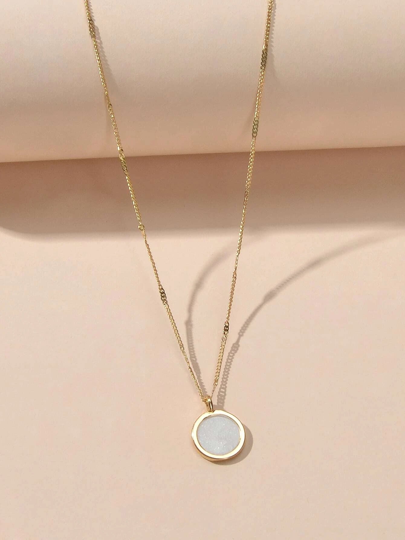 Textured Jewellery Gold Chain White Enamel Round Pendant Necklace