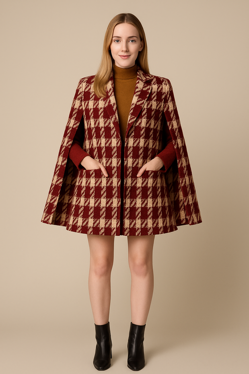 Houndstooth Woolen Cape Coat & Shorts β Elegant & Fashionable Set