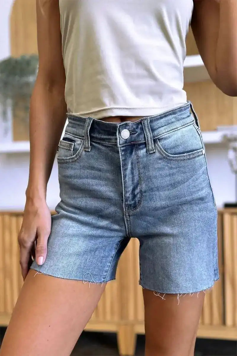 Judy Blue High Waist Raw Hem Denim Shorts 15251