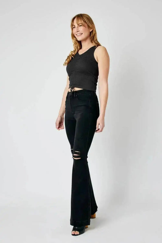 Judy Blue High Waist Tummy Control Destroy Flare Black Denim Jeans
