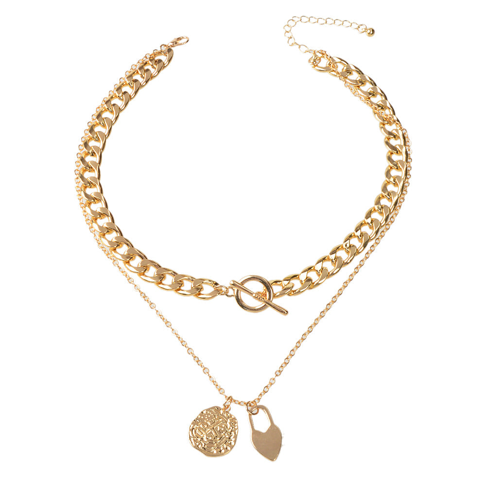 Punk Jewellery Crude Gold Double layer Chain Round Disc Lock Love