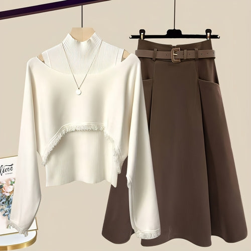 Ancient Knitted Blouse Inner Vest With Skirt Three-piece Set