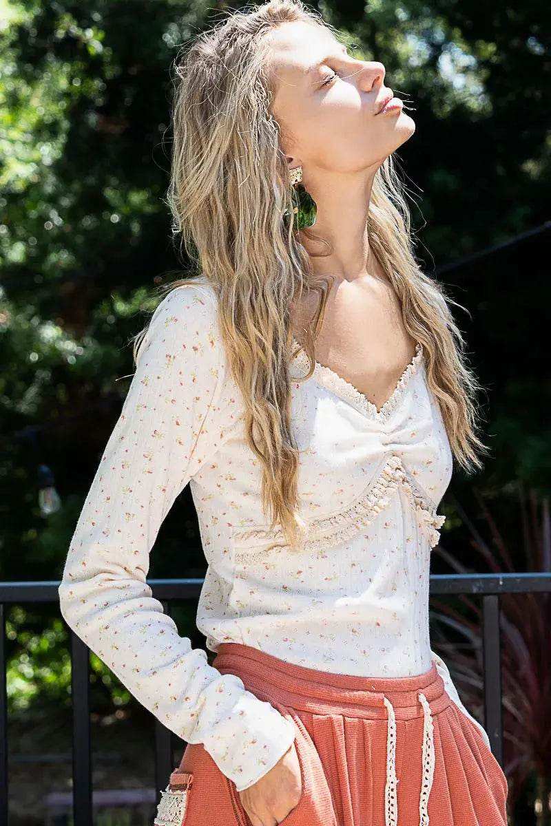 POL Floral V-Neck Long Sleeve T-Shirt