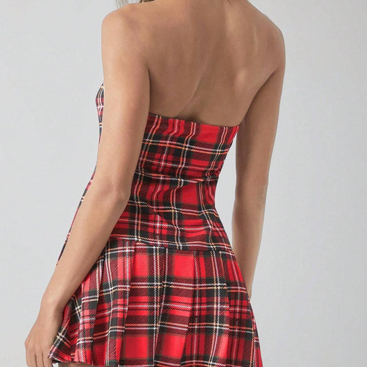 Sacco Plaid Off Shoulder Pleated Dress