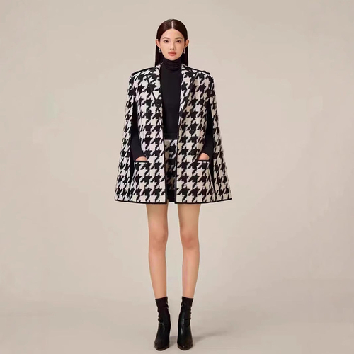 Houndstooth Woolen Cape Coat & Shorts β Elegant & Fashionable Set