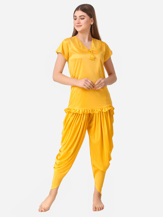 Romaisa Women's Satin Solid Yellow Nightwear Set ( Pack of 6 )
