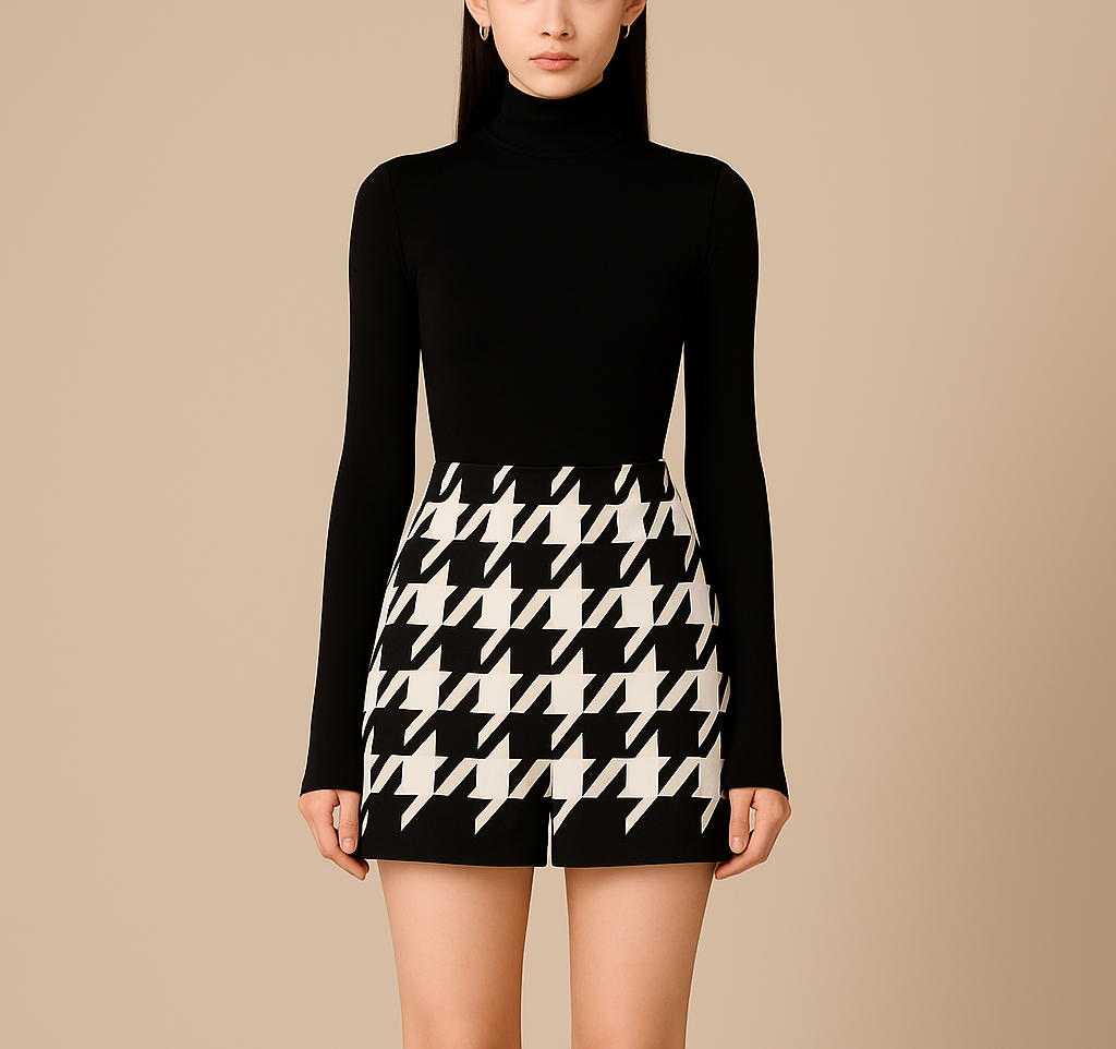 Houndstooth Woolen Cape Coat & Shorts β Elegant & Fashionable Set