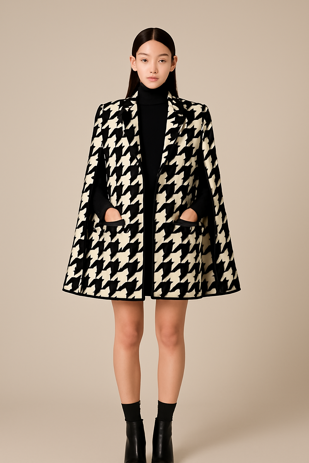 Houndstooth Woolen Cape Coat & Shorts β Elegant & Fashionable Set