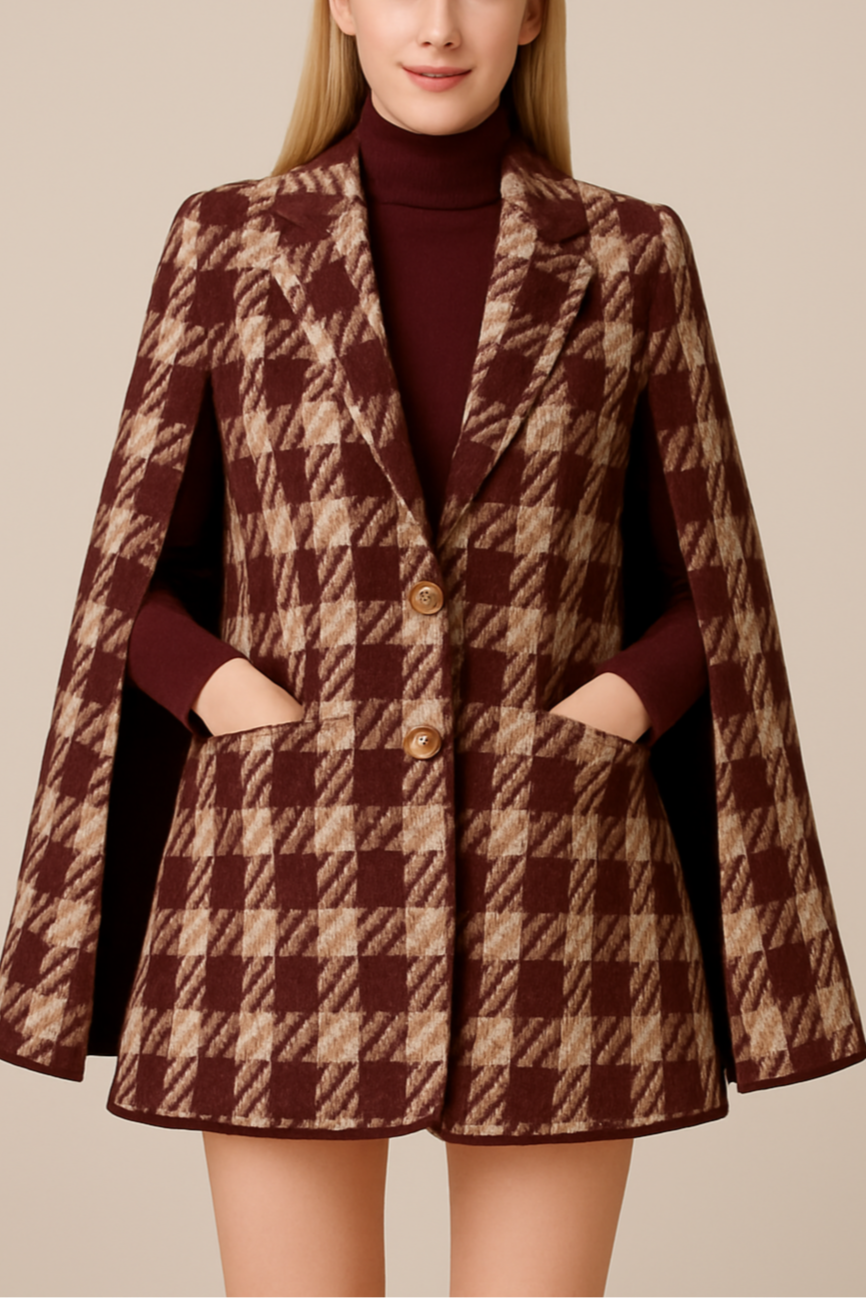 Houndstooth Woolen Cape Coat & Shorts β Elegant & Fashionable Set
