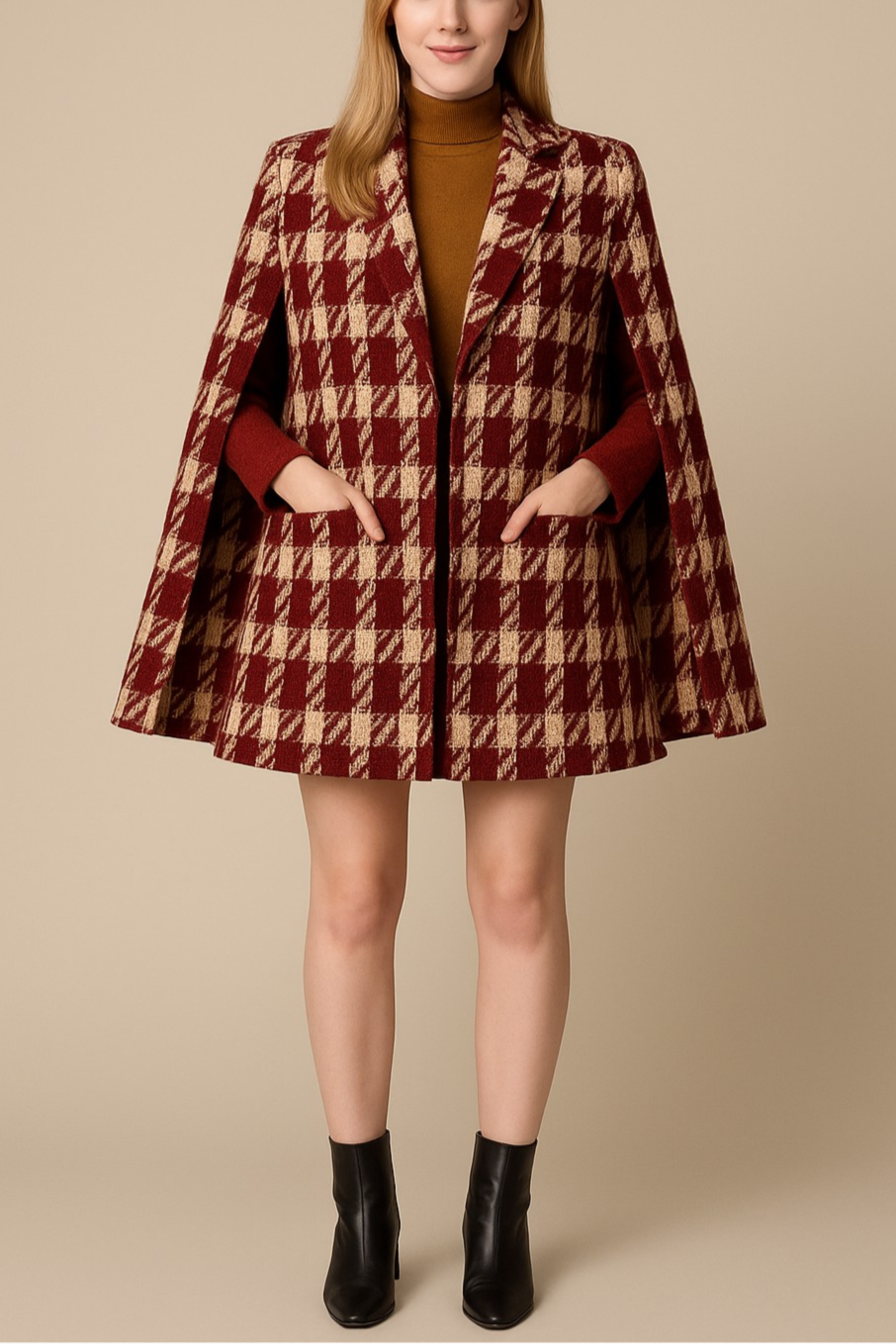 Houndstooth Woolen Cape Coat & Shorts β Elegant & Fashionable Set