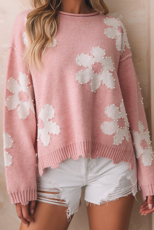 Valentine Heart and Floral Pearl Beaded Sweater