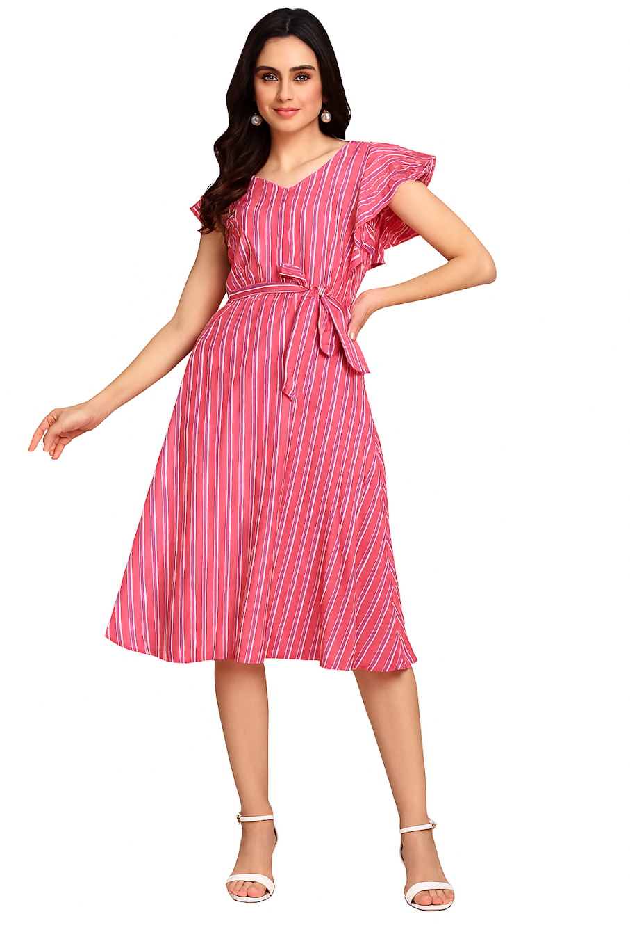 Pink Striped Fit & Flare Dress with Waist Tie-Up (Size-S)