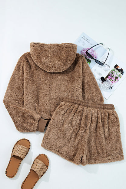Sherpa Zip-Up Hoodie and Drawstring Shorts Set