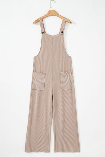 Ribbed Knit Patch Pocket Wide Leg Overalls