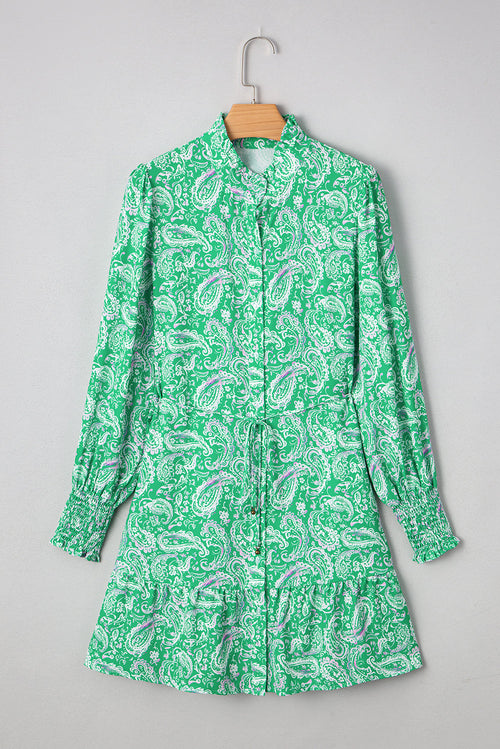 Paisley Button-Front Tied Waist Mini Dress