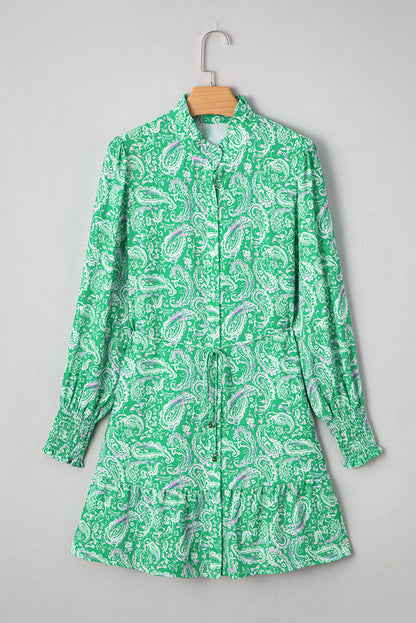 Paisley Button-Front Tied Waist Mini Dress