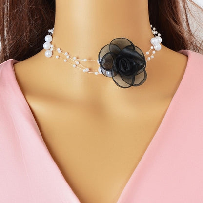 Romantic Jewellery Multi-layer Pearl Chain White Flower Choker Floral