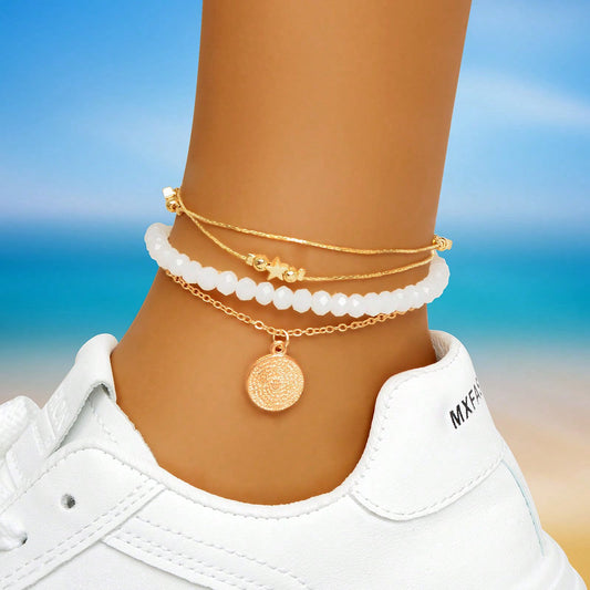 Beach Bliss Set of Two Multi-Layered Anklets Perfect for Vacation