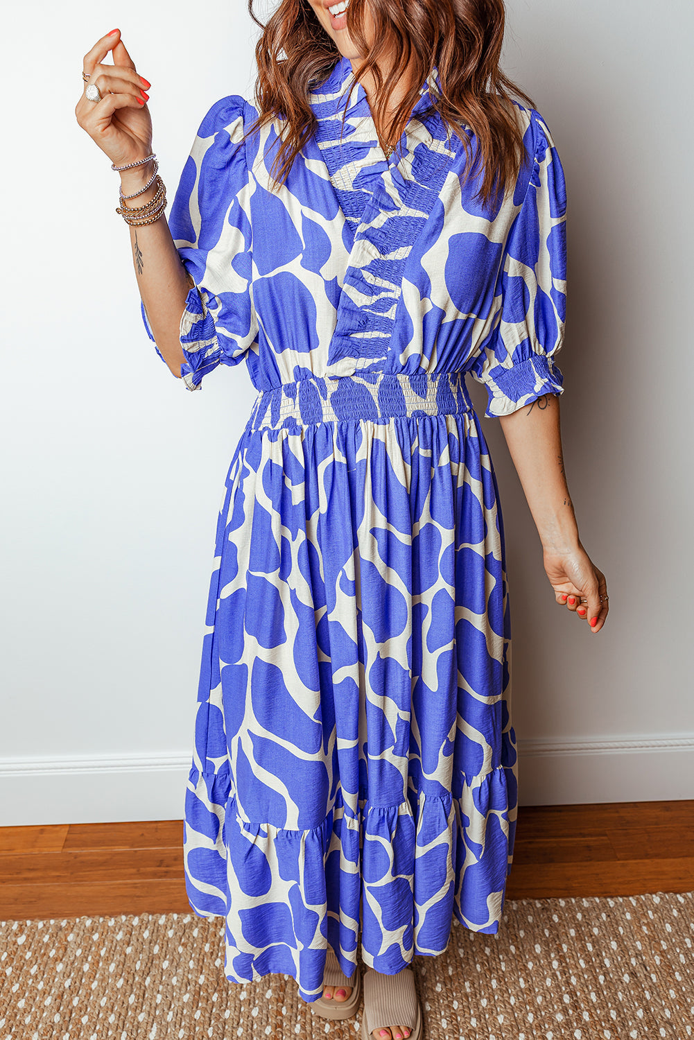 Abstract Smocked Waist Puff Sleeve Maxi Dress