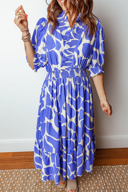 Abstract Smocked Waist Puff Sleeve Maxi Dress