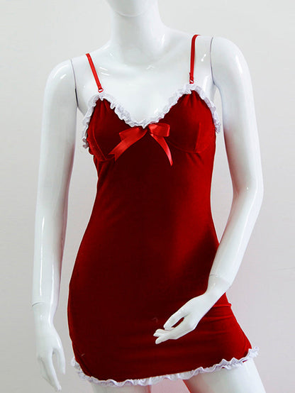Red Velvet Christmas Lingerie Dress – Sexy Santa Nightwear with Lace