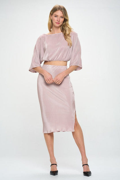 Made in USA Solid Plisse Midi Skirt with Slit