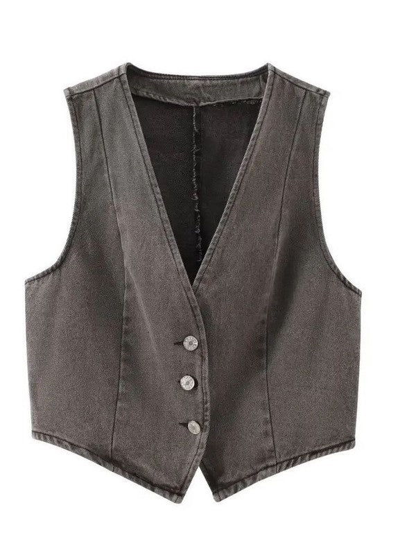 Cropped button front denim vest