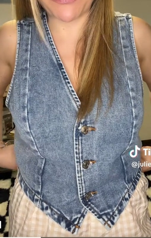 Cropped button front denim vest