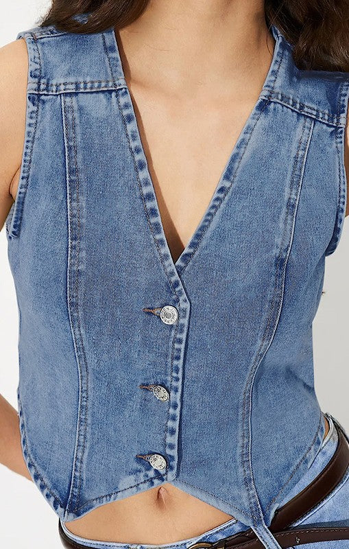 Cropped button front denim vest