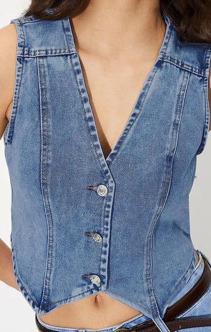 Cropped button front denim vest