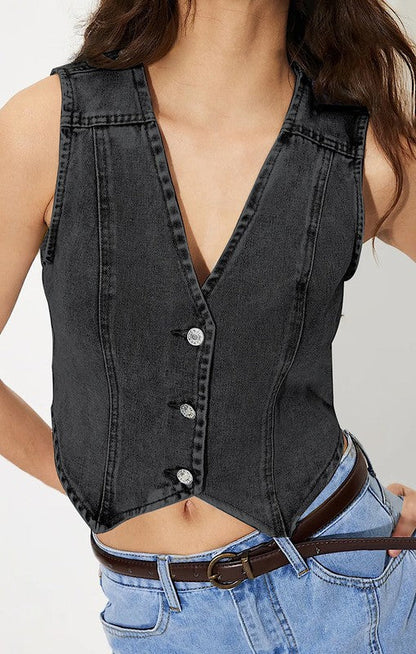 Cropped button front denim vest