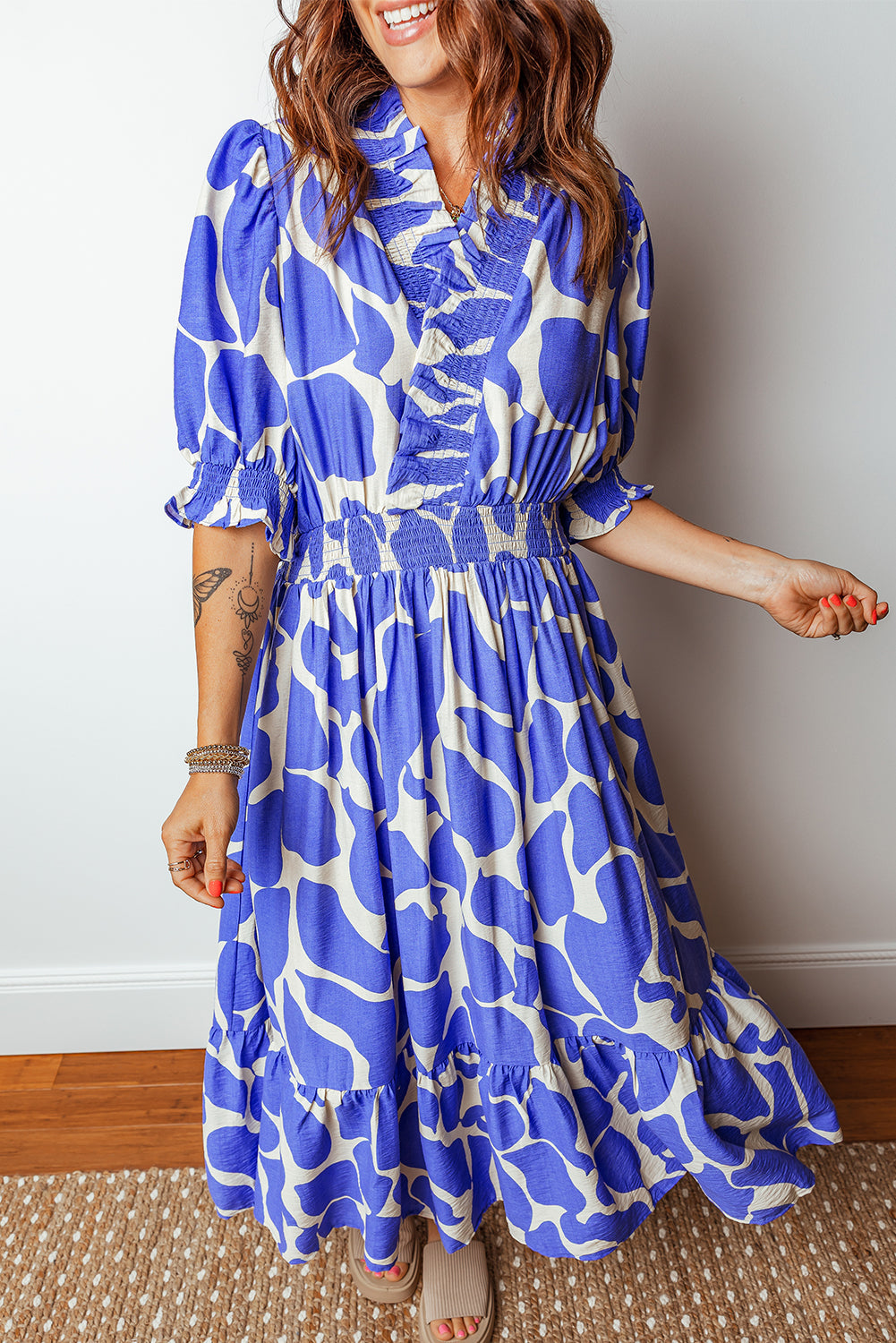 Abstract Smocked Waist Puff Sleeve Maxi Dress
