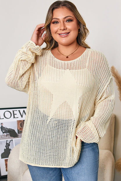 Plus Size Star Hollow-Out Knit Crewneck Sweater