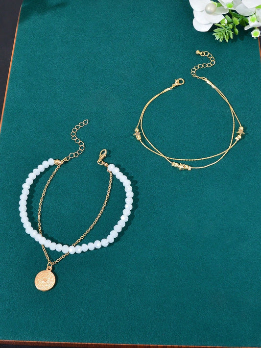 Beach Bliss Set of Two Multi-Layered Anklets Perfect for Vacation