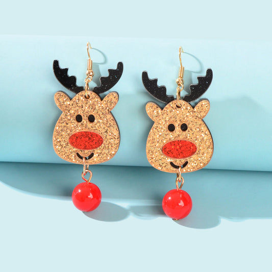Shining Red Bead Gold Dangle Christmas Reindeer Earrings Elk Deer