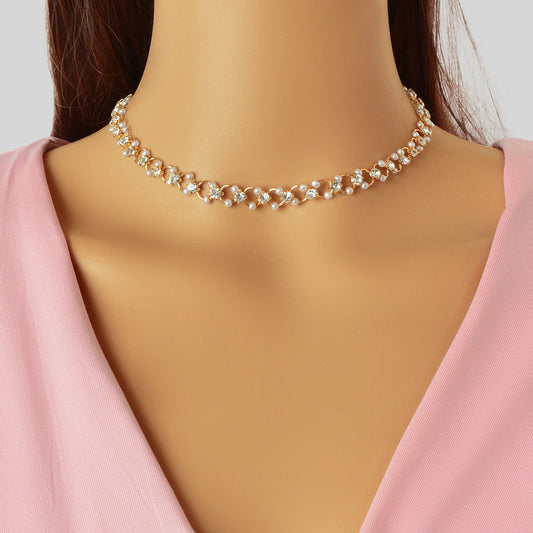 Wedding Engagement Gift Jewellery Rhinestone Pearl Decor Hollow Choker