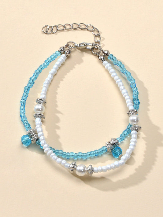 Fashion Jewellery Handmade Double layer Blue White Seed Beads Strand