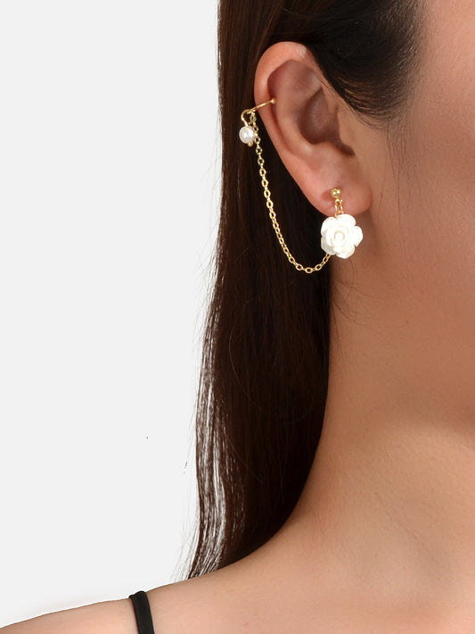 Asymmetric Gold Chain White Flower Stud Earrings Ear Cuff Cartilage