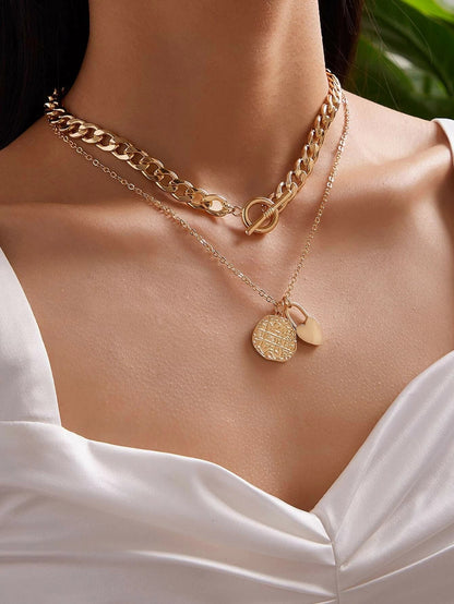 Punk Jewellery Crude Gold Double layer Chain Round Disc Lock Love