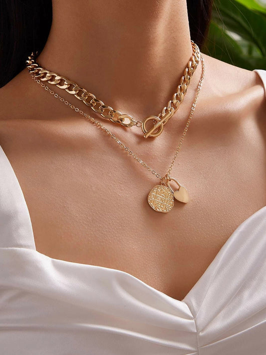 Punk Jewellery Crude Gold Double layer Chain Round Disc Lock Love